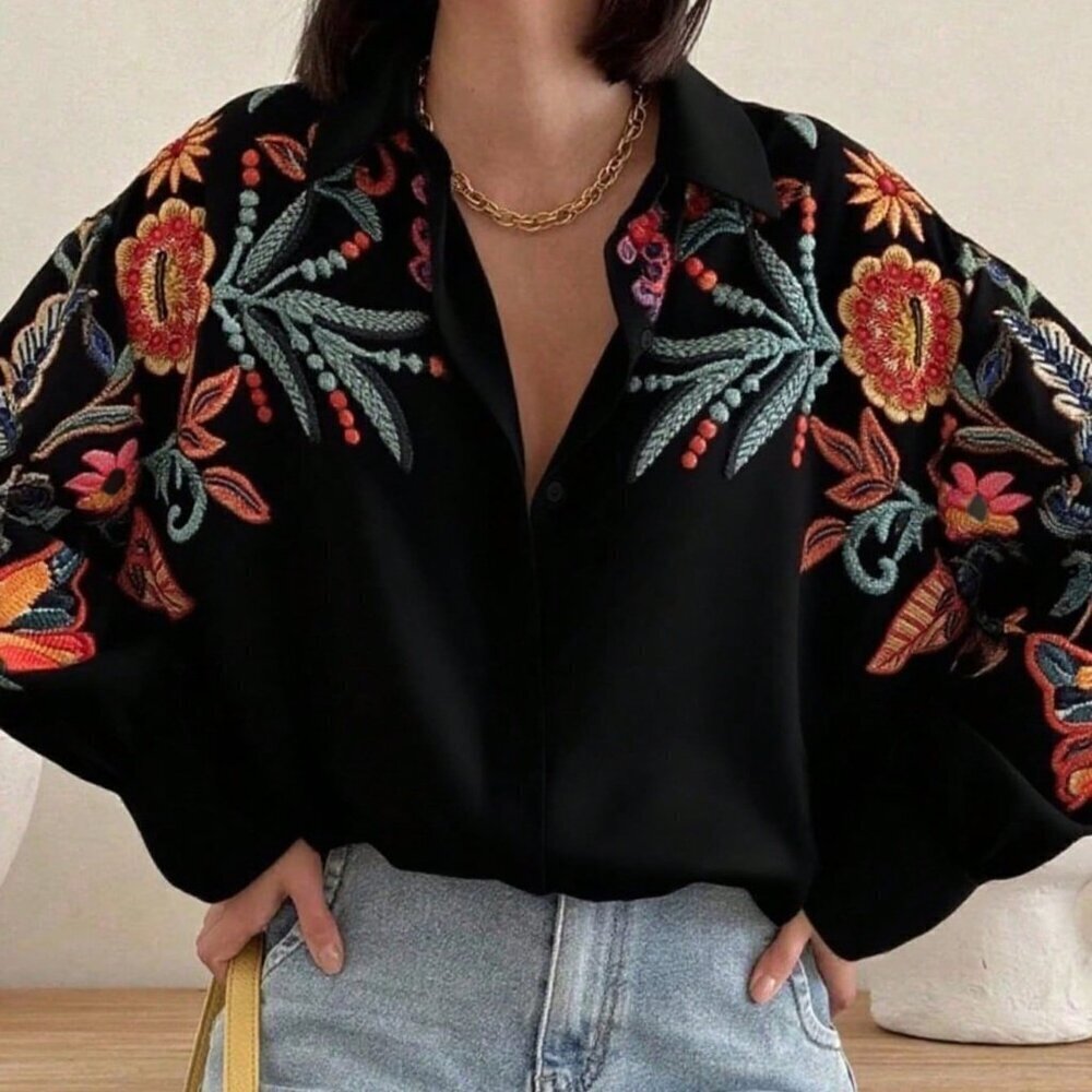 Black Casual Women's emroidered Floral Print Long Sleeve Shirt - Picture 3 of 5